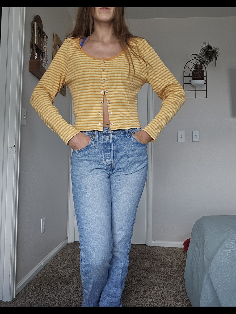 Levis Striped Yellow Button-Front Cardigan- Women's